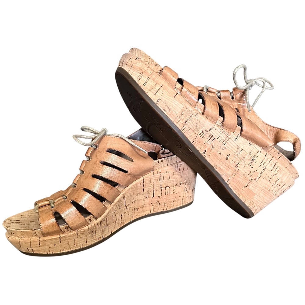Abeo Slingback Wedge Sandals Women 8 Tan Leather Lace Up Cork Platform - Picture 4 of 9